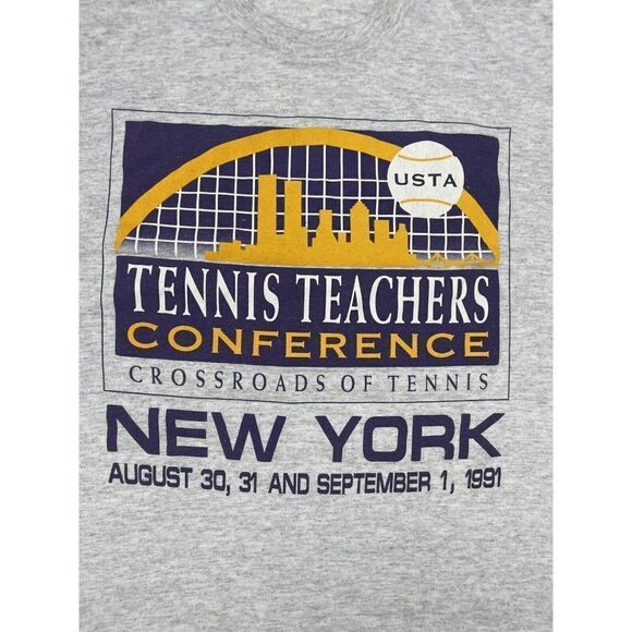 VINTAGE Tennis Conference New York 1991 Graphic T-shirt Men XL Gray NYC 90s - Picture 2 of 5